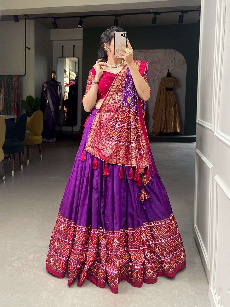 Women's Tussar Silk Patola Print Lehenga Choli Dupatta Set - Image 5